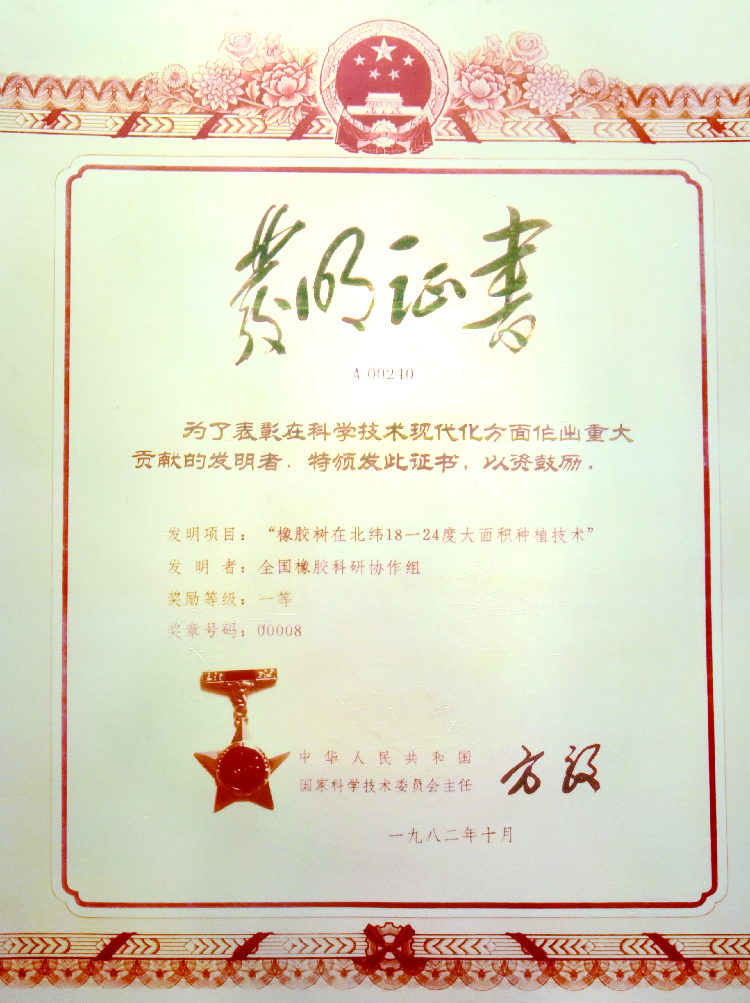 国家发明一等奖 “橡胶树在北纬18—24度大面积莳植手艺”